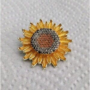Sunflower Brooch 1.25" Diameter Enamel And Rhinestone
